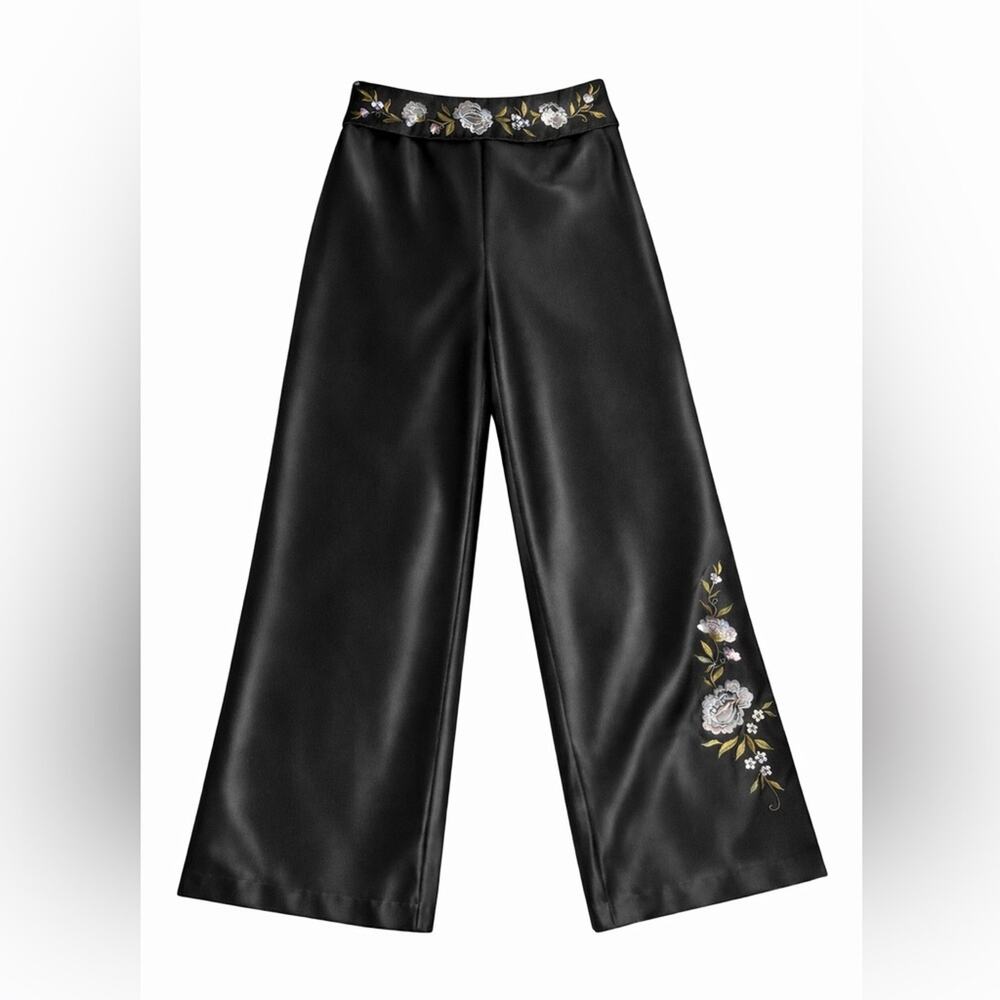 Y2K Together! Satin Embroidered Wide Leg Pants Black Floral Waist Boho Evening 8